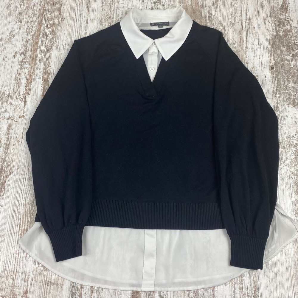 Adrianna Papell‎ Womens L Twofer Sweater Black White Layered Collared Knit Top